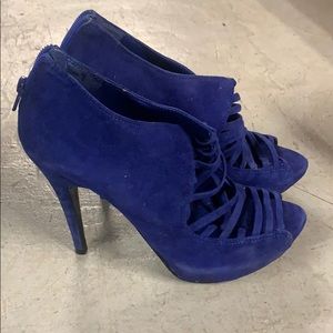 Blue suede peep toe booties